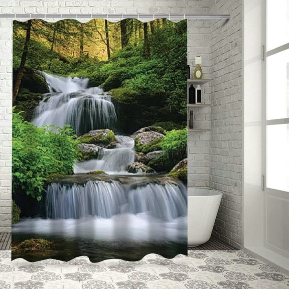 BCIIG Waterfall Forest Stream Shower Curtain for Bathroom Decoration 100% Polyester with Hooks 36"x72