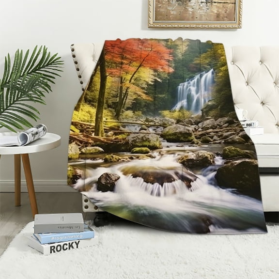 BCIIG Waterfall Forest Stream Theme Warm Lightweight Soft Fleece Blanket Throw Blanket for Living Rooms Sofa Decor Cow Gifts All Seasons Bed Blanket 40x50in