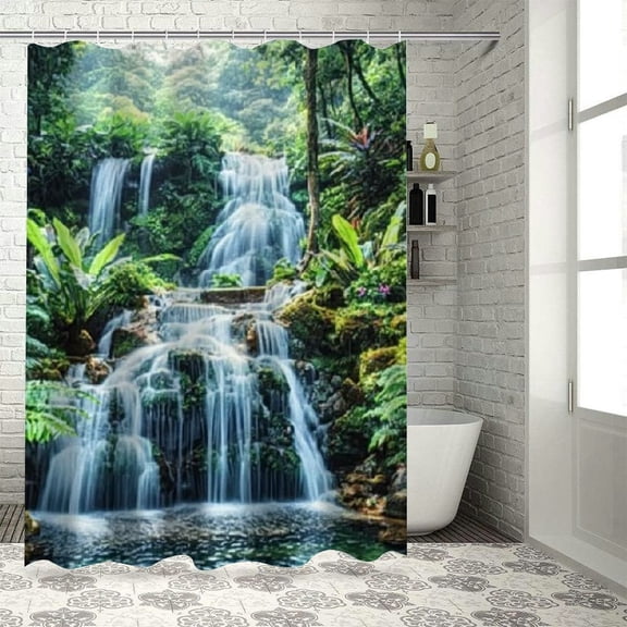 BCIIG Waterfall Lush Green Forest Bathroom Decoration Set Polyester Cloth Fashion with Hooks Shower Curtain for Bathroom Home Bathtubs 69"x72