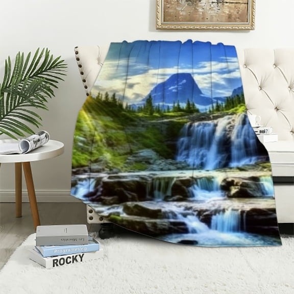 BCIIG Waterfall Mountain Forest Warm Lightweight Soft Fleece Throw Blanket Living Rooms Sofa Decor Cow Gifts - All Seasons Plush Blanket 60x80in
