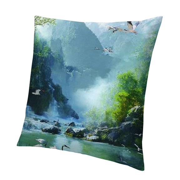 BCIIG Waterfall River Birds Pillow Case Short Plush Home Decor 1PC 22x22in