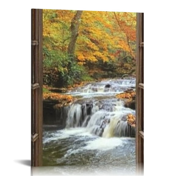BCIIG Waterfall Stream Fall Foliage Canvas Wall Art Decor 12x16 in