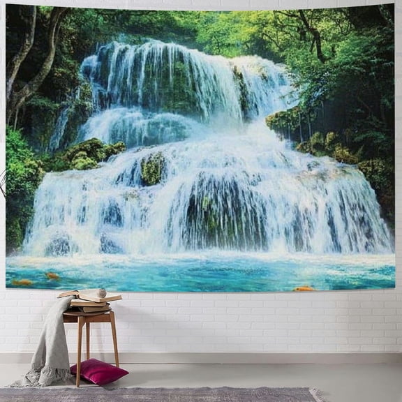 BCIIG Waterfall Tapestry, Clouds of Fog Rolling Over Waterfall and Trees Clear Pond with Fishes, Fabric Wall Hanging Decor for Bedroom Living Room Dorm, 40x30inch