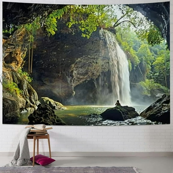 BCIIG Waterfall Tapestry Mountain Cave Tapestry Wall Hanging, Nature Landscape with Green Forest Tapestries, Tree Tapestry Wall Deocr for Bedroom Living Room Dorm