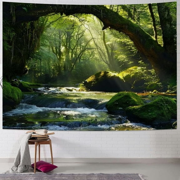 BCIIG  Waterfall Tapestry Nature, Green Forest Tapestry Wall Hanging Outdoor Landscape Calming Scenery Large Wall Mural Tapestries for Bedroom Living Room Natural Office Backdrop  60x40inch