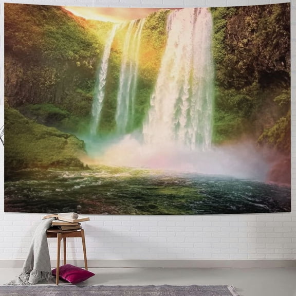 BCIIG Waterfall Tapestry, Waterfalls at Sunset Sky in Iceland Scenic Spring Rural Wildlife Art Image, Wide Wall Hanging for Bedroom Living Room Dorm 50x40inch