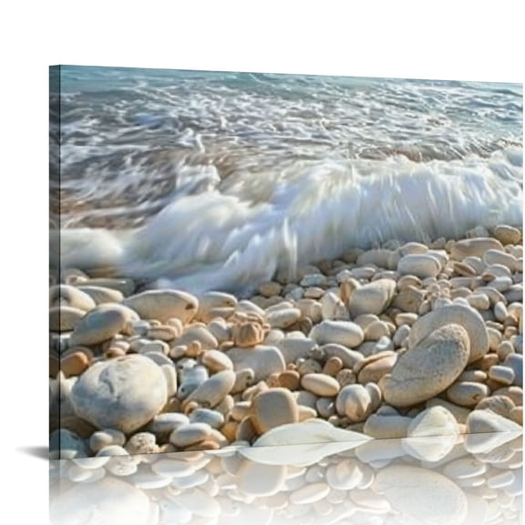 BCIIG Waves Rocks Sand Canvas Art Print Wall Decor for Living Room Bedroom Home Office, High Resolution Image Ready to Hang, Quality Handmade Artwork 16x12in