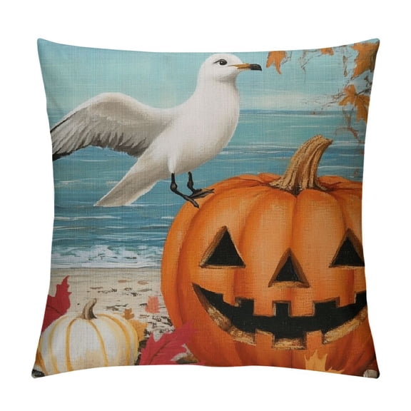 BCIIG Welcome Pumpkin Fall Beach Decorative Throw Pillow Covers Autumn Blue Ocean Sea Gull Nautical Coconut Tree Pillow Cases Cushion Cover for Outdoor Indoor 18x18in
