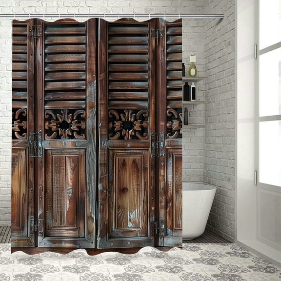 BCIIG  Western Shower Curtain, Antique Themed Traditional Rustic Wild West Swinging Wooden Cowboy Bar Saloon Door, Cloth Fabric Bathroom Decor Set with Hooks,