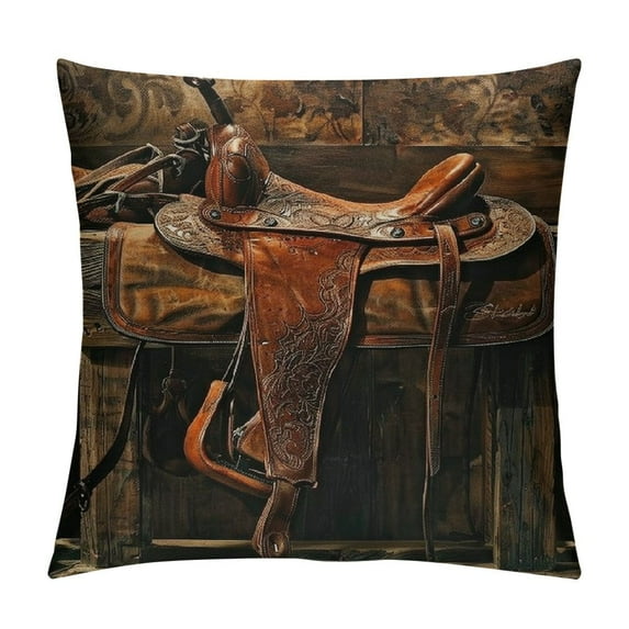 BCIIG Western Throw Pillow Cushion Cover, American West Traditional Style Rodeo Cowboy Saddle Wood Ranch Barn Image, Decorative Square Accent Pillow Case,