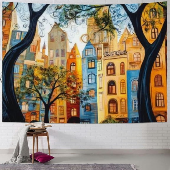 BCIIG Whimsical Colorful Village Scene Tapestry Wall Hanging Window Design For Bedroom Home Decor Aesthetic Nature Tapestry Wall Hanging Wall Tapestry For Bedroom Living Room Classroom