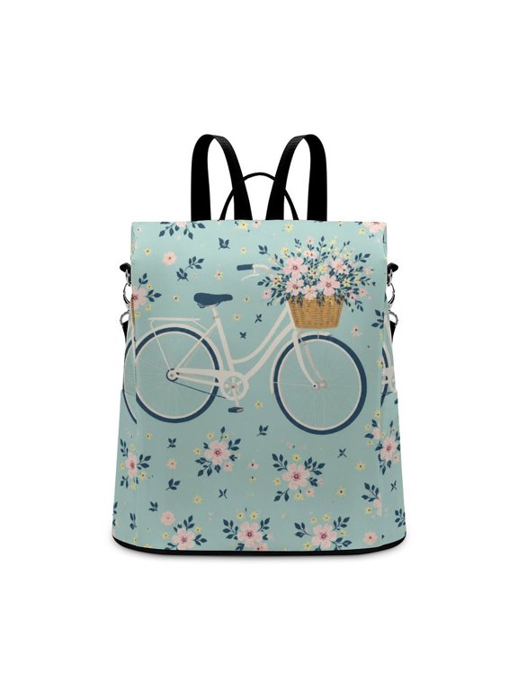 White Bicycle With Flower Basket Floral Pattern Anti Theft Backpack, Purse for Women, Secure Back Zipper, Multi-Purpose Rucksack Backpack With Adjustable Strap, Womens Travel Backpack, Lightwei
