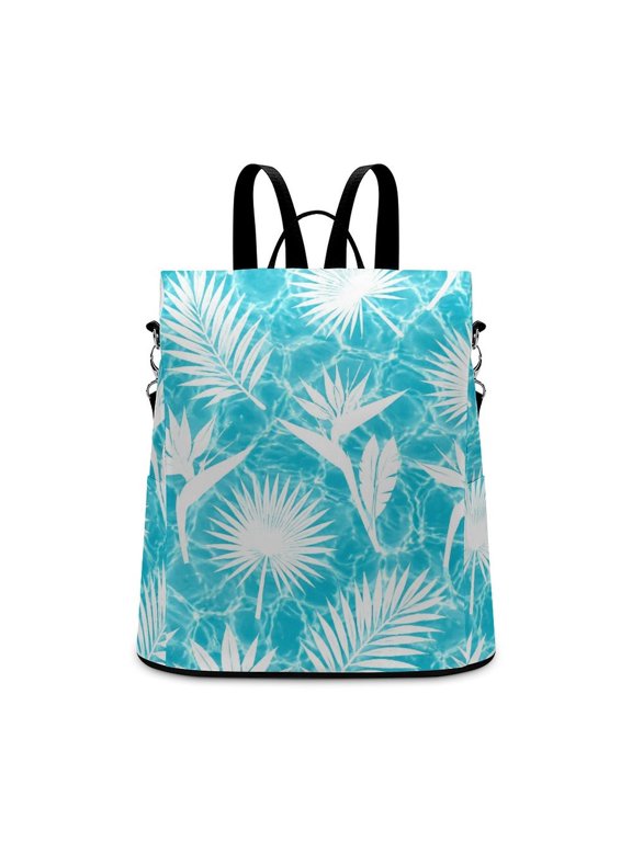 White Bird of Paradise Palm Leaf Turquoise Pool Water Seamless Pattern Anti Theft Backpack, Purse for Women, Secure Back Zipper, Multi-Purpose Rucksack Backpack With Adjustable Strap, Womens Tr