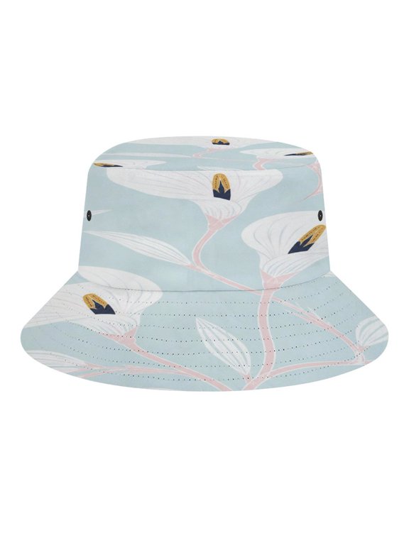 White Calla Lily Light Blue Background Botanical Seamless Pattern Bucket Hat, Soft, Printed, Packable Fisherman Sun Hat for Beach Travel Hiking Vacation, Sun Hat for Women Men, One Size
