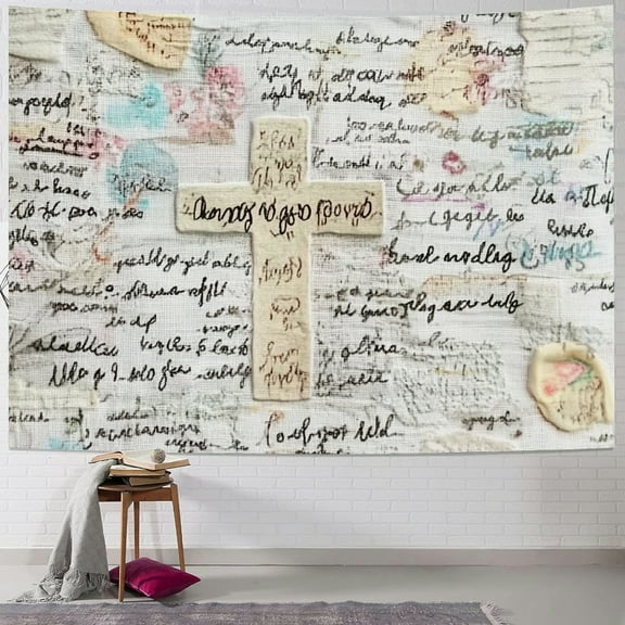 BCIIG White Fabric Words Cross Tapestry Wall Hanging Unique Style for Home Wall Decor Art - Christmas Short Plush Wall Beautification, Holiday Decoration 60x50inch