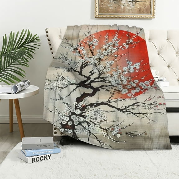 BCIIG White Flowers Red Circle Warm Lightweight Fleece Throw Blanket Soft Blankets for Living Room Sofa Decor All Seasons Gift 40x50in