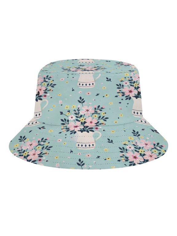 White Pitcher With Pink Wildflowers Seamless Pattern On Mint Green Background Bucket Hat, Soft, Printed, Packable Fisherman Sun Hat for Beach Travel Hiking Vacation, Sun Hat for Women Men, One