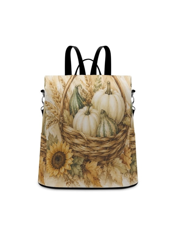 White Pumpkin Basket Wheat Watercolor Anti Theft Backpack, Purse for Women, Secure Back Zipper, Multi-Purpose Rucksack Backpack With Adjustable Strap, Womens Travel Backpack, Lightweight Casual