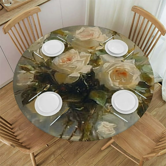 BCIIG White Roses Round Table Cover | Stain Resistant & Washable | Indoor Outdoor Tablecloth Kitchen Dining Wedding Parties | Polyester Fiber | Full Width Single-Sided Printing 42"-46