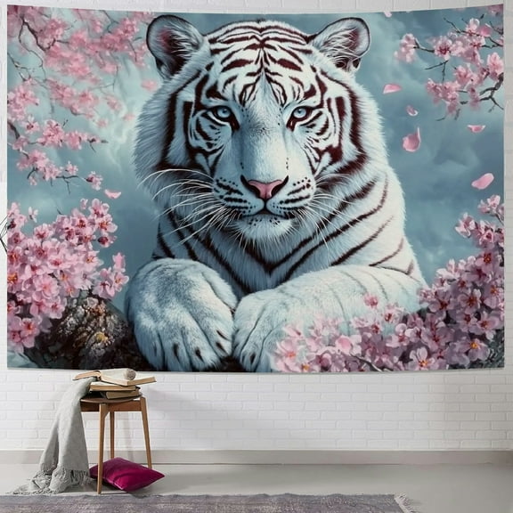 BCIIG White Tiger Tree Pink Flowers Tapestry Wall Hanging Unique Style Graphic Art for Home Decor Living Room Bedroom Dorm 50x40inch