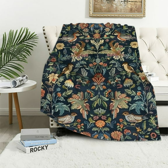 BCIIG William Morris Floral Flannel Blankets, Vintage Flower Strawberry Birds Retro Boho Botanical Plant Throw Bed Blanket for Bed 60x80in