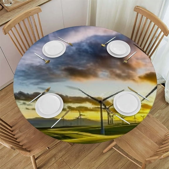 BCIIG Wind Turbines Sunset Green Field Round Tablecloth Stain-Resistant Washable Indoor Outdoor 100% Polyester Waterproof Fabric 42"-46