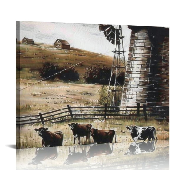 BCIIG Windmill Cows Barn Canvas Art Print for Living Room Bedroom Home Office Wall Decor 20x16in