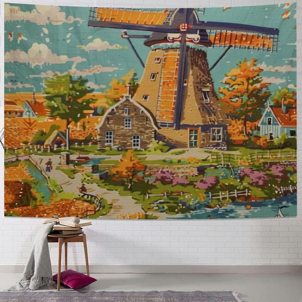 Image showcasing BCIIG Windmill Tapestry Wall Hanging Unique Style Home Wall Decor Art ...