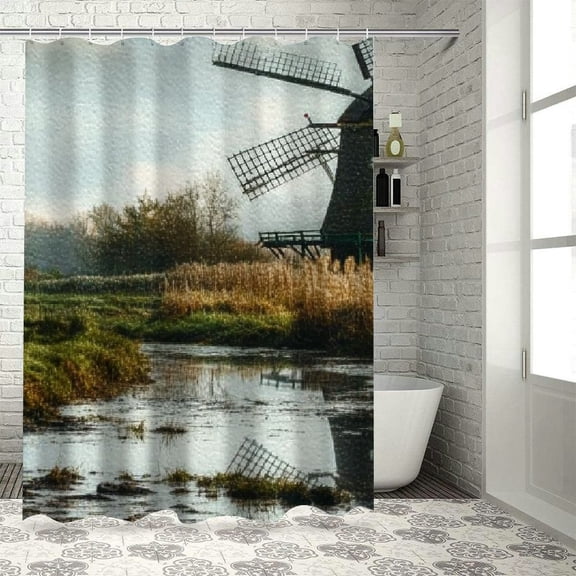 BCIIG Windmill Wet_field Trees Home Shower Curtain Set with Hooks Bathroom Decoration Accessories 36"x72