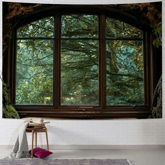 BCIIG Window Forest Bench Tapestry Wall Hanging Unique Style Home Decor 60x50inch