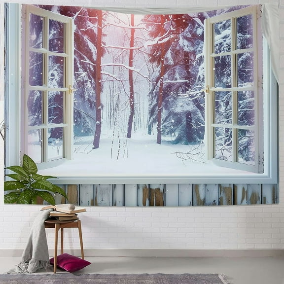 BCIIG Winter Forest Tapestry Wall Hanging, Purple Snow Forest and White Window Tapestry, Falling Snowflake Tapestry for Living Room Bedroom Aesthetic Decor, 40L x 60W Inches Painting