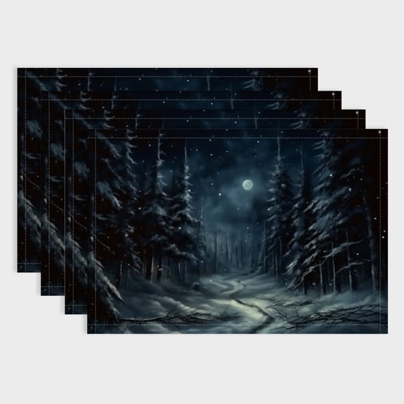 BCIIG Winter New Year Placemats, Snow Forest Night Firefly Place Mats for Dining/Kitchen Table Waterproof Washable Linen Heat Insulation Dinner Table Mats 4 PCS 18x12in