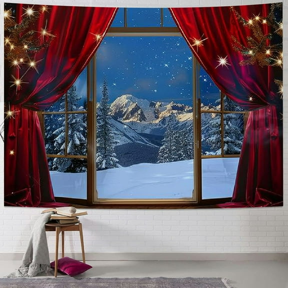 BCIIG  Winter Tapestry Wall Hanging Snow Scene Outside Vintage Window Tapestries Red Christmas Balls New Year Wall Decor Blanket for Bedroom Living Room Holiday Party Painting