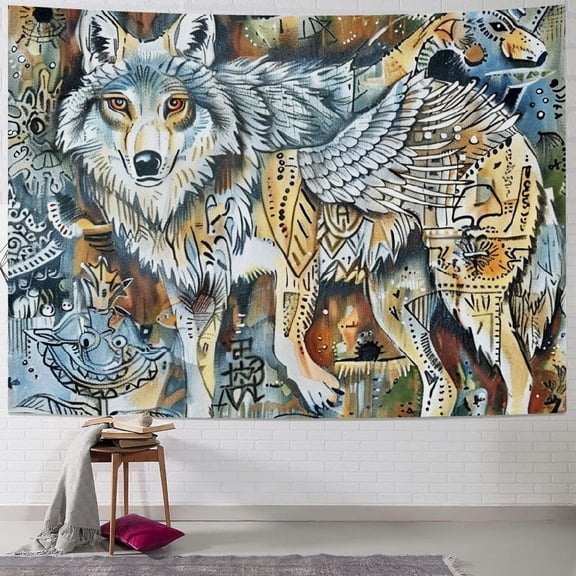 BCIIG Wolf Bird Painting Tapestry Wall Hanging Unique Style Graphic Tapestries Home Wall Decor Art for Living Room Bedroom Apartment Farmhouse Dorm 50x40inch