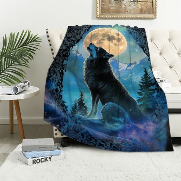 BCIIG Wolf  Blanket for Bed,Howling Wolf Throw Blanket for Boys Girls Adults,Boho Blanket Cozy Soft Blue Galaxy Blanket Gifts,Animals Wolf Blanket  60x80in