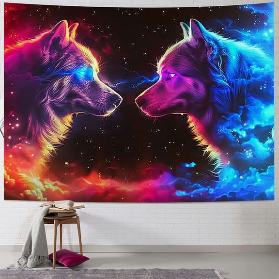 BCIIG Wolf Couple Tapestry Blue Pink Flame Tapestries Art Home Decoration Bedroom Decor Living Room Door Galaxy Starry Sky Tapestry Wall Hanging Cartoon Wolves Wall Hangings Art 40x60inch