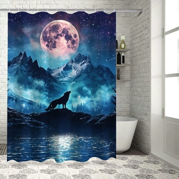 BCIIG Wolf Mountain Full Moon Bathroom Decoration Set Shower Curtain with Hooks, Luxury Graphic Printed Polyester Cloth Shower Curtain, Waterproof Bathroom Shower Curtain Set 36"x72
