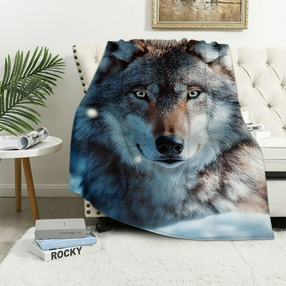 BCIIG Wolf Plush Throw Blanket Snow Flannel  Blanket for Sofa Couch Wild Life All Season Bed Blanket Lake Blue Blanket Room Decor 40x50in