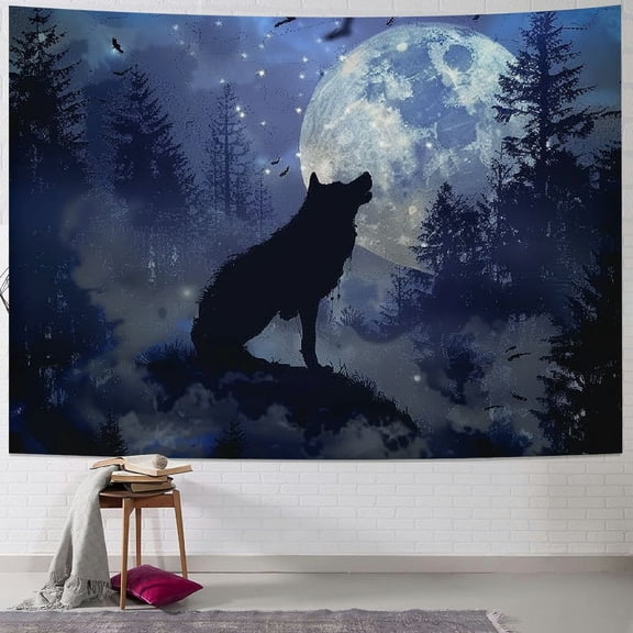 BCIIG Wolf Tapestry Blue Sky Moon and Night Forest Tapestry Wall Hanging Wall Tapestry for Bedroom Aesthetic Wild Animal Wolves Tapestry for Living Room College Dorm Decor,