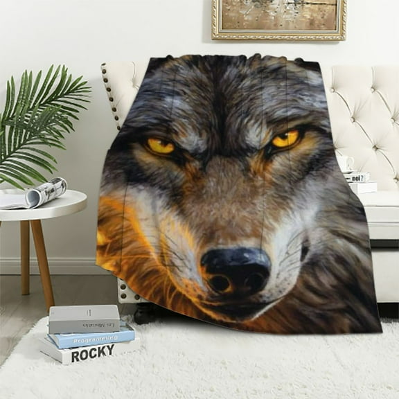 BCIIG Wolf Throw Blanket for Couch Sofa Bed Living Room, Print Furry Fire Wolf Blanket Throw Gift for Adults Men Women, Fuzzy Soft Flannel   No-Fading, Single Side Printed 50x60in
