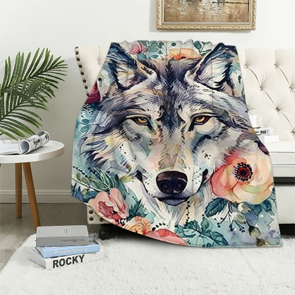 BCIIG Wolf with Flowers Blanket 350gsm Super Soft Plush Throw Wolf Watercolor Blanket for Women Girl Boy Bed Couch Chair Room Decor 40x50in