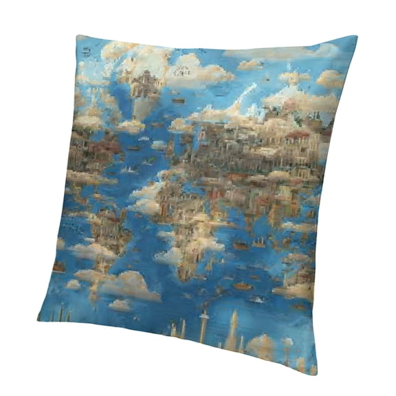 BCIIG World Map Clouds Buildings Short Plush Pillowcase 1PC 18x18in