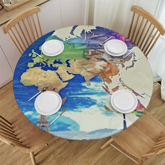BCIIG World Map Round Tablecloth Stain Resistant & Washable Indoor Outdoor Table Cover 100% Polyester Fabric Waterproof for Kitchen Dining Wedding Parties - Various Sizes Available 42"-46
