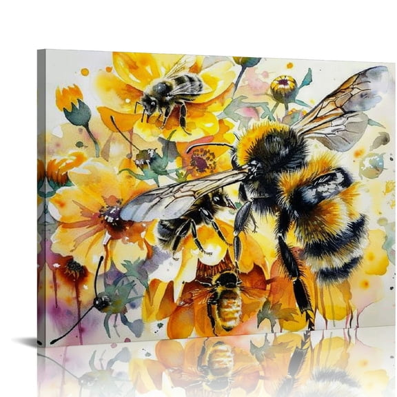 BCIIG Yellow Flower Wall Art Bee Wall Decor Daisy Wildflower Canvas Prints Pictures Bee Kitchen Bathroom Decor Abstract Nature Floral Paintings Sunflower Artwork for Living Room Home