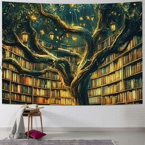 BCIIG fantasy library tapestry, tree magic bookshelf aesthetic tapestry classroom tapestry tree mystery vintage bookshelf book art tapestry tapestry wall hanging university room bedroom 60x50inch