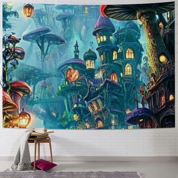 BCIIG psychedelic mushroom castle tapestry realistic abstract interstellar digital art electric forest decoration tapestry tapestry 40x60inch