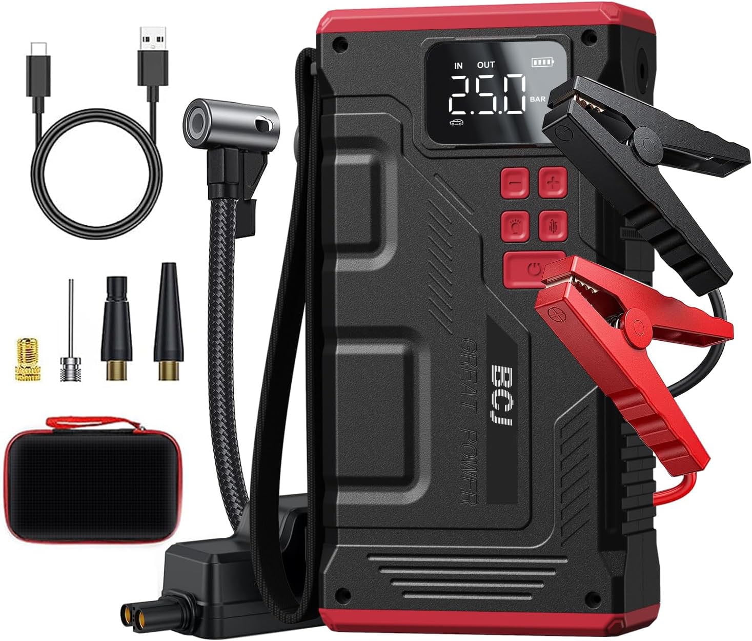 BCJ 4000A Peak Car Battery Jump Starter with 150 PSI Air Compressor, 12V Jump Box with Jumper Cables(for 9.0L Gas /8.0L Diesel), LCD Display