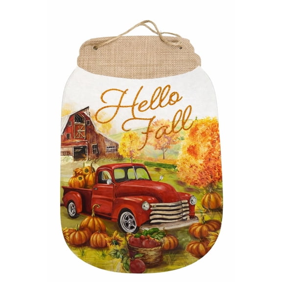 (1PC) Hello Fall Wall Sign Burlap Hanger STORAGE BAG Red Truck Pumpkins Barn Autumn Trees Rustic Farmhouse Decor Seasonal Home LivingRoom Bedroom Porch Entryway