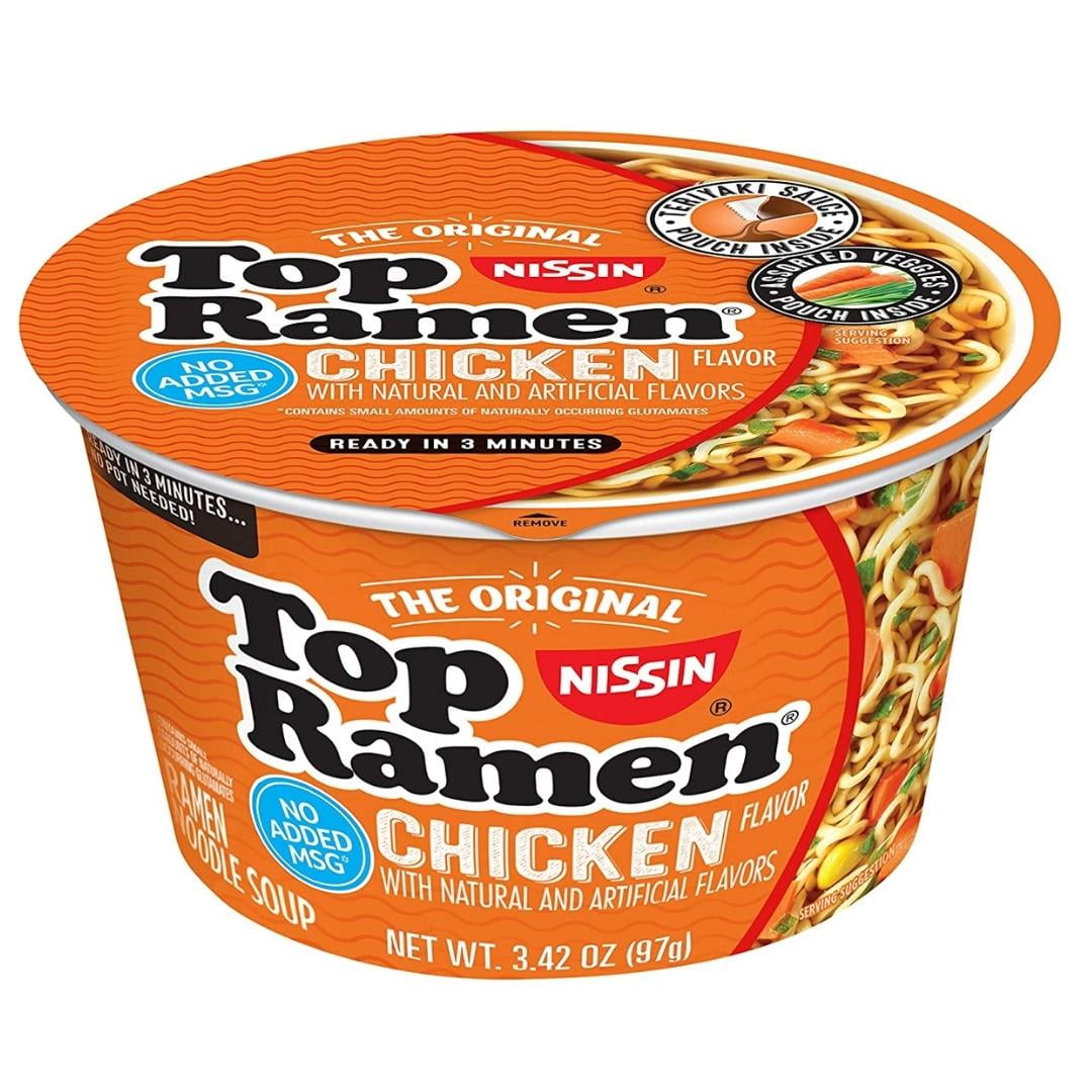 BCL Nissin Top Ramen Bowl Ramen Noodle Soup, Chicken Flavor, 3.42 Ounce Pack of 12 & CUSTOM Storage Carrier with Cutlery