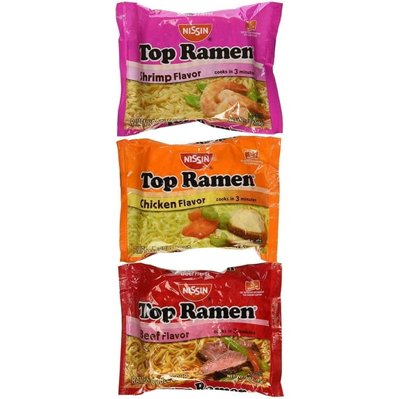 BCL Nissin Top Ramen Instant Noodles Bundle Soup in 3 Flavors Shrimp, Chicken and Beef 3 Oz Each ( 6 Packs) & Exclusive BCL Cutlery